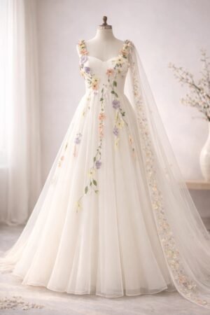 Floral Applique Tulle Gown