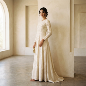 Cream Embellished Fusion Gown