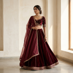 Maroon Velvet Bridal Lehenga